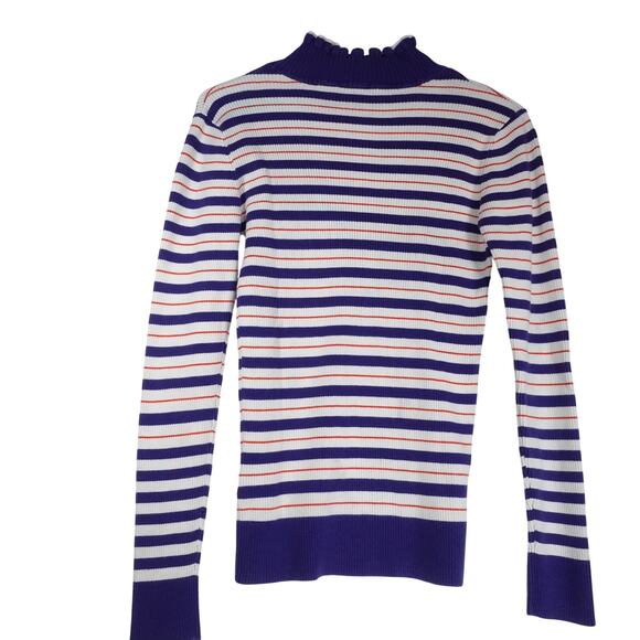 Scotch & Soda Women’s Large Cotton Turtleneck Ruffle Sweater Striped Fair Read* - Picture 9 of 14